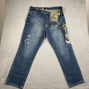 VTG Ed Hardy Blue Distressed Denim Jeans Men's 38x30 Skull Tattoo Art Y2K NWT